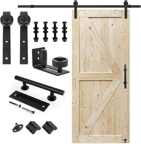 S&Z TOPHAND® 38in x 84in Unfinished British Brace Knotty Barn Door with Sliding Hardware Kit/Solid Wood/Sliding Door/Double Surfaces/A Simple Assembly is Required in Kuwait