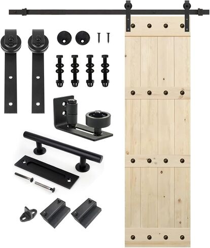 S&Z TOPHAND® 38in x 84in Unfinished British Brace Knotty Barn Door with Sliding Hardware Kit/Solid Wood/Sliding Door/Double Surfaces/A Simple Assembly is Required in Kuwait