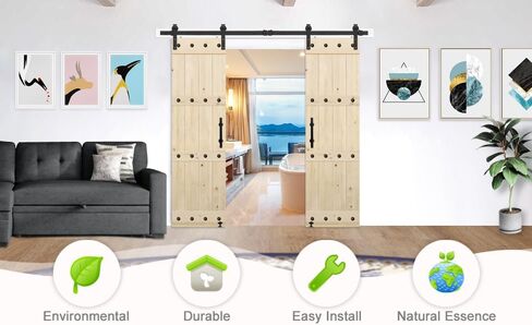 S&Z TOPHAND® 38in x 84in Unfinished British Brace Knotty Barn Door with Sliding Hardware Kit/Solid Wood/Sliding Door/Double Surfaces/A Simple Assembly is Required in Kuwait