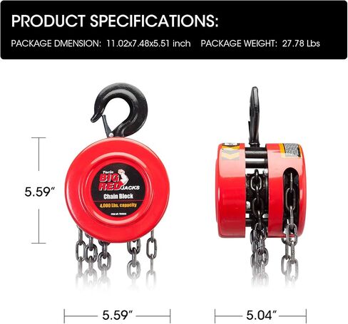 BIG RED ATR9020R Manual Hand Lift Steel Chain Block Hoist with 2 Hooks, 2 Ton (4,000 lb) Capacity, Red in Saudi Arabia