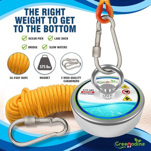 مجموعة الصيد المغناطيسية من جرينادين، مغناطيس الصيد بقوة سحب 575 رطلًا لاستعادة العناصر في النهر والبحيرة والشاطئ والحديقة in Kuwait