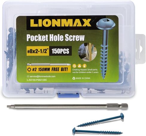 براغي خشبية للجيب من LIONMAX #8 × 2-1/2 بوصة، 150 قطعة من البراغي الخشبية لفتحة الجيب، رأس غسالة مع محرك مربع، خيط خشن، مطلي باللون الأزرق لمقاومة الطقس، التنصت الذاتي، تتضمن لقمة محرك 150 مم in Kuwait