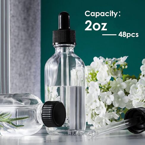Claplante 48 pack 2oz Small Clear Glass Bottles with Lids and Black Glass Dropper& 2 Stainless Steel Funnels, 2oz Glass Dropper Bottles, Boston Round Sample Bottles for Oils, Mini Travel Bottles in Saudi Arabia