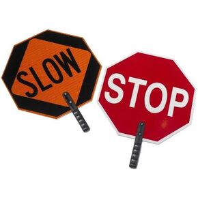 Cortina ABS Plastic Pole Mounted Paddle Sign, STOP/SLOW, 03-851, 18 Sign with 9 Polygrip Handle, Red on Orange