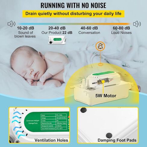 VEVOR Condensate Pump, 6.6 ft/2 m Lift, 110V Removal Drain Pump with 0.63 Qt/0.6 L Water Tank, 5W Automatic Condensation Pump with 100 L/H Flow, for Commercial Ice Makers of Different Types in Kuwait