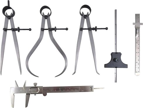 Taytools 6 Piece Measuring Set/Kit with 6" Spring Dividers, Inside & Outside Calipers, Depth Gauge, Pocket Ruler, Vernier Caliper 113500 in Kuwait