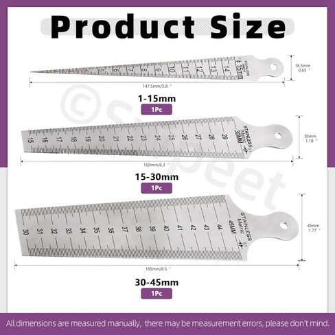 Swpeet 3 عبوات من الفولاذ المقاوم للصدأ 5/8 بوصة 5/6 بوصة 9/5 بوصة - 15 مم 30 مم 45 مم مجموعة متنوعة من المقاسات المستدقة، مقياس لحام مستدق، أداة فحص ثقب مسطرة اللحام المستدقة in Kuwait