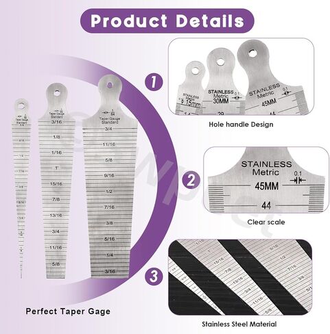 Swpeet 3 عبوات من الفولاذ المقاوم للصدأ 5/8 بوصة 5/6 بوصة 9/5 بوصة - 15 مم 30 مم 45 مم مجموعة متنوعة من المقاسات المستدقة، مقياس لحام مستدق، أداة فحص ثقب مسطرة اللحام المستدقة in Kuwait