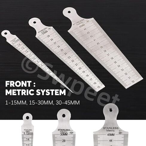 Swpeet 3 عبوات من الفولاذ المقاوم للصدأ 5/8 بوصة 5/6 بوصة 9/5 بوصة - 15 مم 30 مم 45 مم مجموعة متنوعة من المقاسات المستدقة، مقياس لحام مستدق، أداة فحص ثقب مسطرة اللحام المستدقة in Kuwait