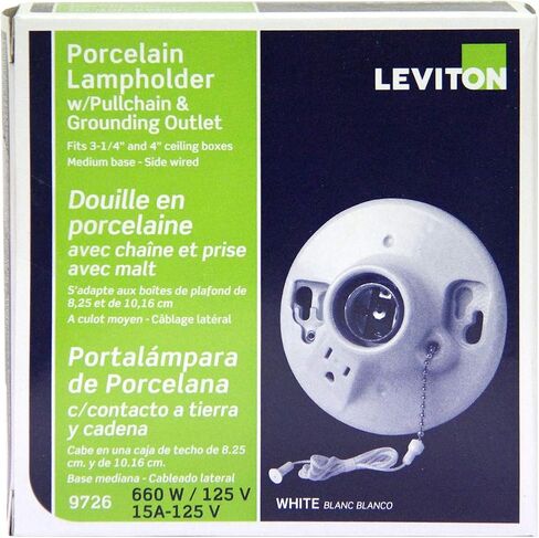 Leviton 9726-C One-Piece Glazed Porcelain Outlet Box Mount, Incandescent Lampholder, Pull Chain, Top Wired, White in Saudi Arabia