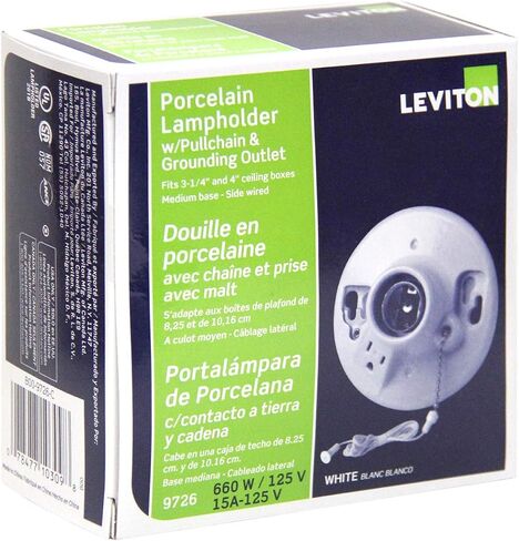 Leviton 9726-C One-Piece Glazed Porcelain Outlet Box Mount, Incandescent Lampholder, Pull Chain, Top Wired, White in Saudi Arabia