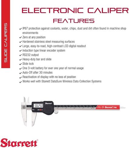 Starrett Stainless Steel IP67 Electronic Slide Caliper - 0-8" Range, 0005" Resolution, LCD Display, RS232 Output, Fine Adjustment, Slide Lock, in/mm Conversion - 798B-8/200 in Saudi Arabia