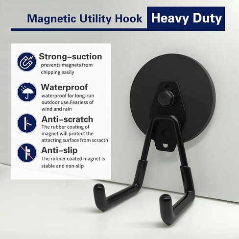 Magnetic Hooks Heavy Duty 2 Pack, Strong Magnet Hooks for Hanging Heavy Duty, Magnetic Garage Tool Hook with Black Non-Slip Rubber Coating for Indoor & Outdoor Hanging (Black) in Kuwait