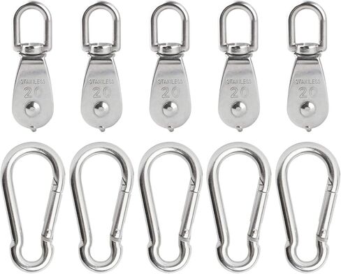 BNYZWOT 5Pcs M20 Single Pulley Block with 5Pcs Spring Snap Hook Carabiner, Heavy Duty 304 Stainless Steel Pulley Roller & 2.75'' Spring snap Hooks, Pully Crane Swivel Hook Wire Rope Cable Loading in Saudi Arabia
