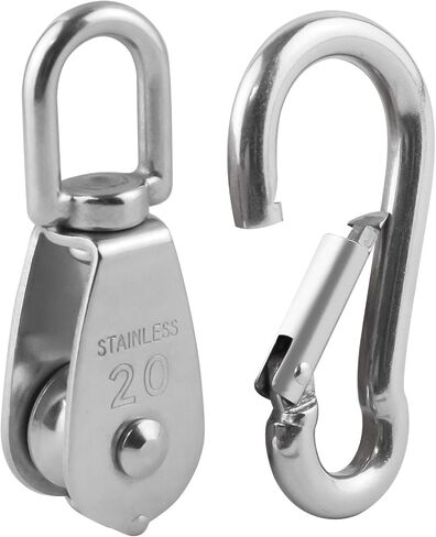 BNYZWOT 5Pcs M20 Single Pulley Block with 5Pcs Spring Snap Hook Carabiner, Heavy Duty 304 Stainless Steel Pulley Roller & 2.75'' Spring snap Hooks, Pully Crane Swivel Hook Wire Rope Cable Loading in Saudi Arabia