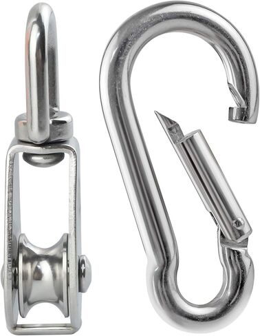 BNYZWOT 5Pcs M20 Single Pulley Block with 5Pcs Spring Snap Hook Carabiner, Heavy Duty 304 Stainless Steel Pulley Roller & 2.75'' Spring snap Hooks, Pully Crane Swivel Hook Wire Rope Cable Loading in Saudi Arabia