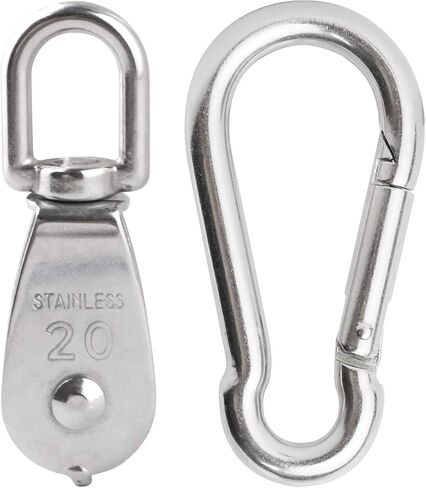 BNYZWOT 5Pcs M20 Single Pulley Block with 5Pcs Spring Snap Hook Carabiner, Heavy Duty 304 Stainless Steel Pulley Roller & 2.75'' Spring snap Hooks, Pully Crane Swivel Hook Wire Rope Cable Loading in Saudi Arabia