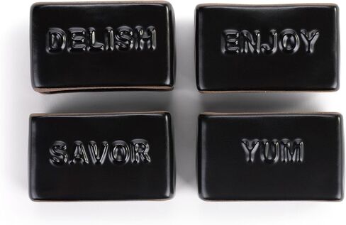 DEMDACO Gather Round Delish Enjoy Savor Yum Classy Black 2 x 1.5 Stoneware Napkin Rings, Set of 4 in Saudi Arabia