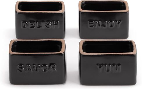 DEMDACO Gather Round Delish Enjoy Savor Yum Classy Black 2 x 1.5 Stoneware Napkin Rings, Set of 4 in Saudi Arabia