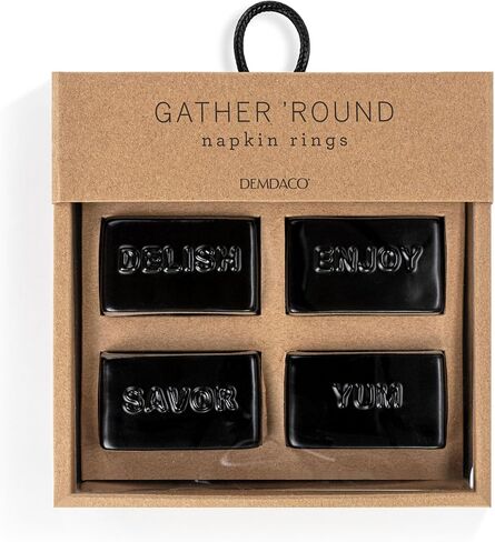 DEMDACO Gather Round Delish Enjoy Savor Yum Classy Black 2 x 1.5 Stoneware Napkin Rings, Set of 4 in Saudi Arabia