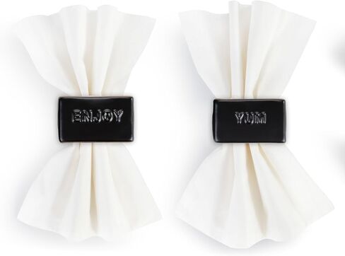DEMDACO Gather Round Delish Enjoy Savor Yum Classy Black 2 x 1.5 Stoneware Napkin Rings, Set of 4 in Saudi Arabia
