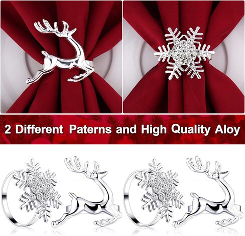مجموعة خواتم مناديل الكريسماس، حلقات مناديل أنيقة من جلد الأيائل وحلقات مناديل من حجر الراين لندفة الثلج لمستلزمات حفلات أعياد الميلاد والزفاف (فضية، 12 قطعة) in Kuwait