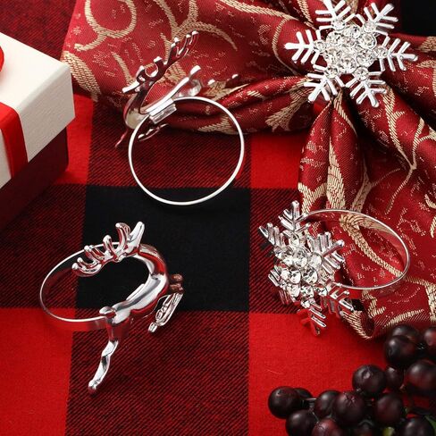 مجموعة خواتم مناديل الكريسماس، حلقات مناديل أنيقة من جلد الأيائل وحلقات مناديل من حجر الراين لندفة الثلج لمستلزمات حفلات أعياد الميلاد والزفاف (فضية، 12 قطعة) in Kuwait