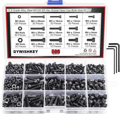 DYWISHKEY 500 Pieces M3 M4 M5, 12.9 Grade Alloy Steel Hex Socket Head Cap Bolts Nuts Assortment Kit with Hex Wrenches in Saudi Arabia