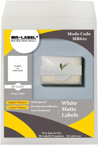 Mr-Label 8.5″ x 2.375″ White Cigar Band Soap Labels – Self-Adhesive Waterproof Blank Labels for Inkjet & Laser Printer – for Handmade Lotion Bars | Bath Bombs(10 Sheets|40 Labels) in Saudi Arabia