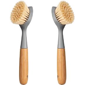 2 Pack Kitchen Dish Brush Bamboo Handle Dish Scrubber Built-in Scraper, Scrub Brush for Pans, Pots, Kitchen Sink Cleaning, Dishwashing and Cleaning Brushes are Perfect Cleaning Tools, White in Kuwait