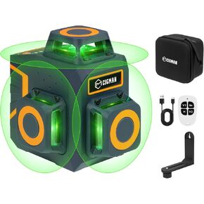 مستوى الليزر CIGMAN CM-701SE مستوى الليزر الذاتي التسوية 3x360 درجة خط متقاطع أخضر ثلاثي الأبعاد للديكور وتعليق الصور مع بطارية قابلة لإعادة الشحن، وحدة تحكم عن بعد ودعامة مغناطيسية على شكل حرف L متضمنة