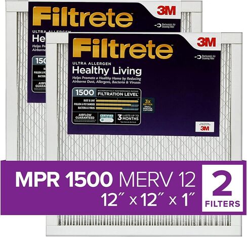فلتر هواء للأفران تيار متردد 12x12x1، فلتر هواء للفرن من فيلتريت، MPR 1500، هيلثي ليفينج فائقة الحساسية، عبوتان (الأبعاد الدقيقة 11.81 x 11.81 x 0.78) in Kuwait
