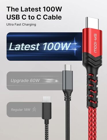 JSAUX 100W USB C to USB C Cable, 2-Pack 6.6FT, 5A Fast Charging, Red in Kuwait