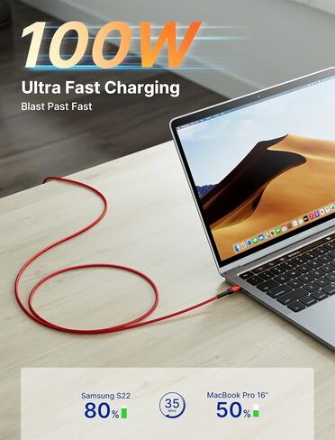 JSAUX 100W USB C to USB C Cable, 2-Pack 6.6FT, 5A Fast Charging, Red in Kuwait