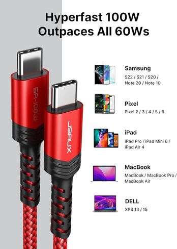 JSAUX 100W USB C to USB C Cable, 2-Pack 6.6FT, 5A Fast Charging, Red in Kuwait