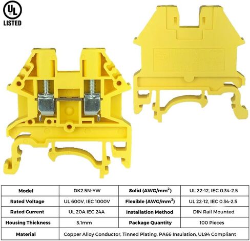 ICI Dinkle Assembly DK2.5N-YW 10 Gang Box Connector DIN كتل طرفية للسكك الحديدية، 12-22 AWG، 20 أمبير، 600 فولت دوائر منفصلة أصفر in Saudi Arabia