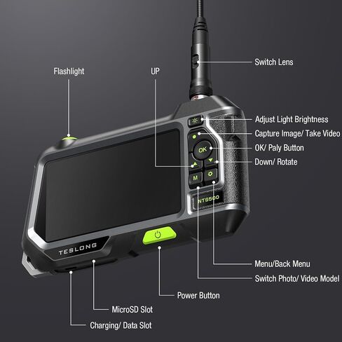 منظار داخلي ثلاثي العدسات مع ضوء، كاميرا فحص Teslong NTS500 Pro Borescope مع شاشة 5 بوصة 720 بكسل عالية الدقة، نطاق كاميرا ميكانيكي صناعي، ثعبان من الألياف البصرية في كاميرا الحائط (16.5 قدم) in Saudi Arabia