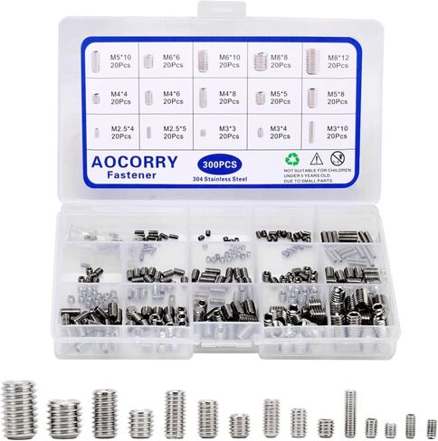 AOCORRY 300Pcs Set Screws Assortment Kit, M2.5/M3/M4/M5/M6/M8 Hex Allen Head Socket Set Screw Bolts Assortment Kit with Internal Hex Drive,304 Stainless Steel,15 Sizes (Metric) in Kuwait