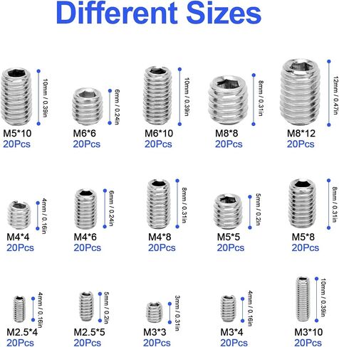 AOCORRY 300Pcs Set Screws Assortment Kit, M2.5/M3/M4/M5/M6/M8 Hex Allen Head Socket Set Screw Bolts Assortment Kit with Internal Hex Drive,304 Stainless Steel,15 Sizes (Metric) in Kuwait