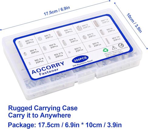 AOCORRY 300Pcs Set Screws Assortment Kit, M2.5/M3/M4/M5/M6/M8 Hex Allen Head Socket Set Screw Bolts Assortment Kit with Internal Hex Drive,304 Stainless Steel,15 Sizes (Metric) in Kuwait