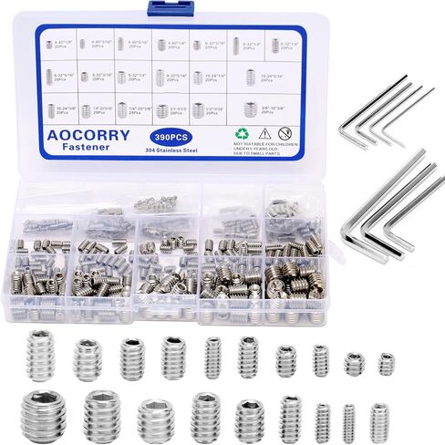 AOCORRY 300Pcs Set Screws Assortment Kit, M2.5/M3/M4/M5/M6/M8 Hex Allen Head Socket Set Screw Bolts Assortment Kit with Internal Hex Drive,304 Stainless Steel,15 Sizes (Metric) in Kuwait