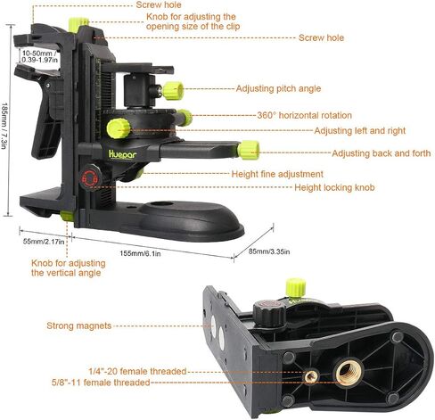 Huepar Fine-tuning Bracket Laser Level Adapter, Multifunctional Magnetic Pivoting Base with Adjustable Clip, 360° Adjustable Support with 1/4"-20 Male Threaded, Height Adjustment - PV10+ in Kuwait