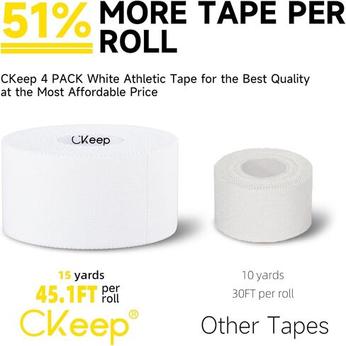 شريط رياضي CKeep، بطول 45 قدمًا لكل لفة، سهل التمزق ولا يترك بقايا، شريط رياضي للسلالات والالتواء، لا يسبب الحساسية وجيد التهوية (4 أبيض) in Kuwait