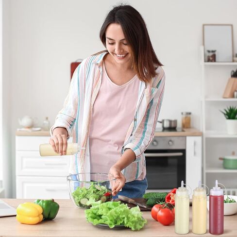 24 قطعة من زجاجات البهارات البلاستيكية، زجاجات ضغط مانعة للتسرب متعددة الاغراض مع غطاء علوي ملتف للصلصات والكاتشب وشراب الشواء والطلاء والحرف اليدوية وزيت الزيتون، شفافة (12 اونصة) in Kuwait