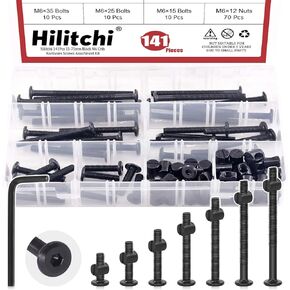 Hilitchi M6 140Pcs Black Hex Socket Head Screws Bolts Barrel Nuts Hardware Assortment Kit for Crib Baby Bed Furniture Cots and Chairs (15-75mm Assortment Kit)