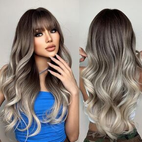 Long Brown Gray Straight Wig With Bangs Ombre Grey Wigs for Women Natural Synthetic Hair Wig Daily Wear Cosplay Party Use 24 inches Heat Resistant