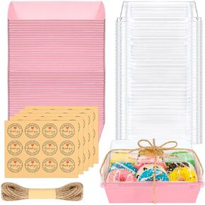 Sieral 60 Pack Paper Charcuterie Boxes with Clear Secure Lids, 5 Inches Disposable Food Containers 55yd Twine and Pcs Thank You Sticker Brown Square for Bakery, Cakes, Sandwich, Cookies