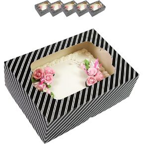 Global Sugar Art Auto-Popup Extra Deep Quarter Sheet Cake Box with Window, Black and White Stripe, 14 x 10 x 5 Inches, 10 Count. For 9 x 13 sheet cakes, cookies, pastries, desserts.