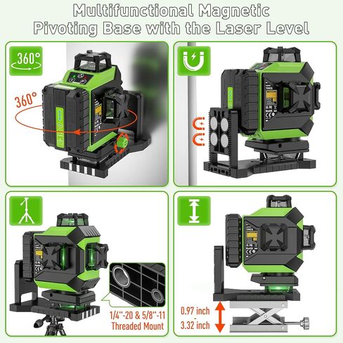 Huepar Laser Level 3 x 360 Self-Leveling Cross Line Laser 3D Green Laser Level with Pulse Mode Alignment Laser Tool with Rechargeable Li-ion Battery, Integrated Magnetic Bracket, Hard Carry Case 703CG in Saudi Arabia
