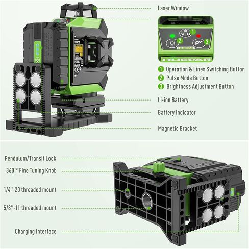 Huepar Laser Level 3 x 360 Self-Leveling Cross Line Laser 3D Green Laser Level with Pulse Mode Alignment Laser Tool with Rechargeable Li-ion Battery, Integrated Magnetic Bracket, Hard Carry Case 703CG in Saudi Arabia